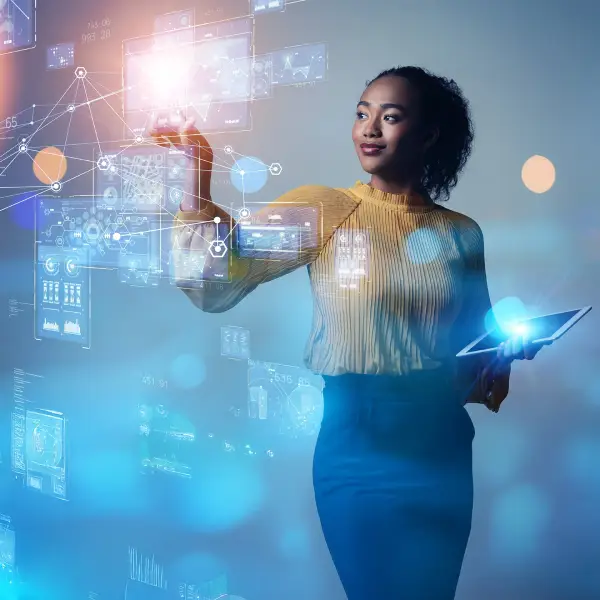 A data professional interacting with virtual analytics and AI visualizations, representing Annotera — a leading data labeling and annotation services provider delivering high-quality training data for machine learning.